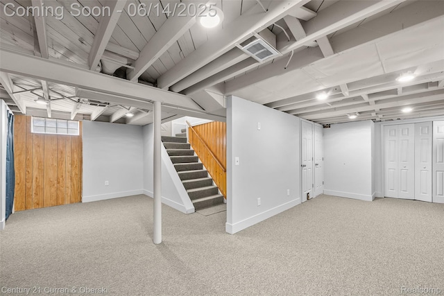 3156 Edgewood St, Dearborn, MI 48124 - basement featuring carpet floors, stairway, and wooden walls