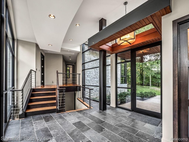 6956 Cooley Lake Rd, White Lake, MI 48383 - entryway with stairway, recessed lighting, and stone finish flooring