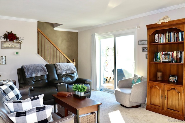 9418 Parkwood Dr N, Davison, MI 48423 - living area with crown molding, light colored carpet, and stairway