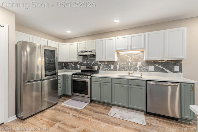 53242 Butternut St, Chesterfield, MI 48051 - kitchen with appliances with stainless steel finishes, under cabinet range hood, a sink, light countertops, and light wood-style floors