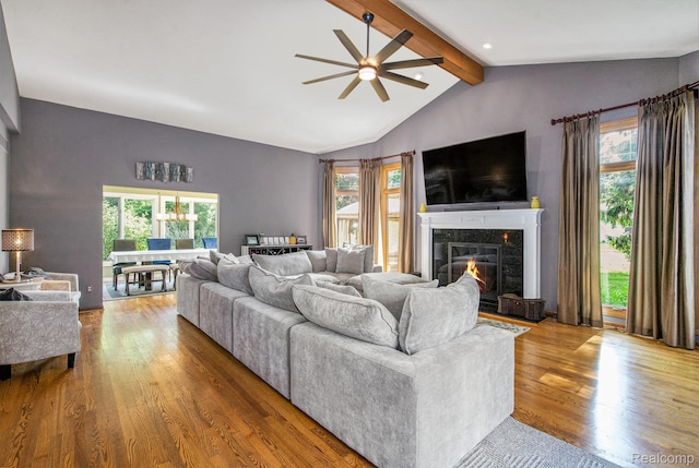18704 Gary Ln, Livonia, MI 48152 - living room with a ceiling fan, wood finished floors, and a premium fireplace