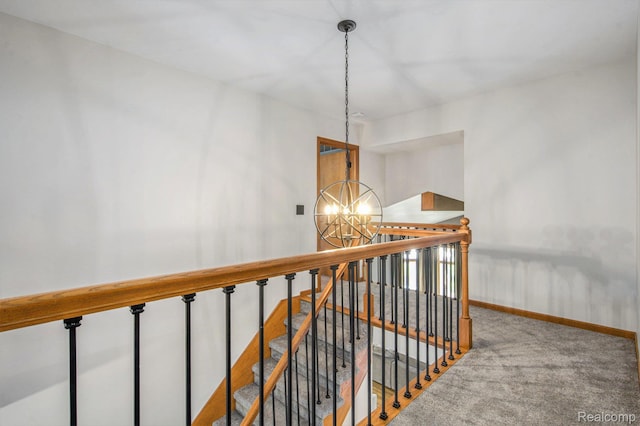 18704 Gary Ln, Livonia, MI 48152 - hallway with a chandelier, an upstairs landing, and carpet