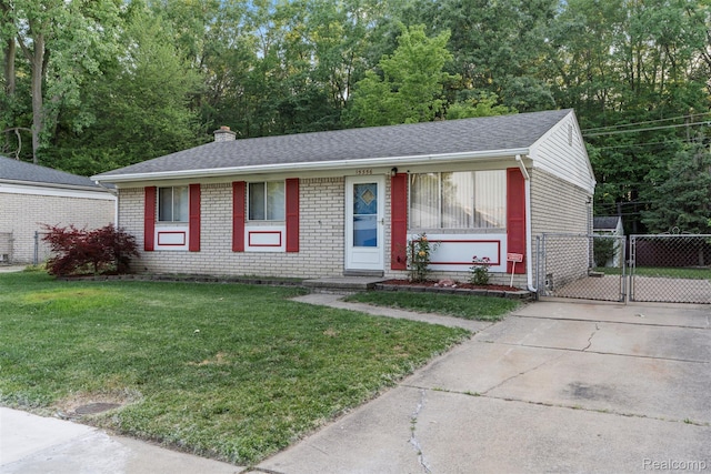 15356 Hampden St, Taylor, MI 48180 - ranch-style house featuring brick siding, a chimney, a gate, roof with shingles, and concrete driveway