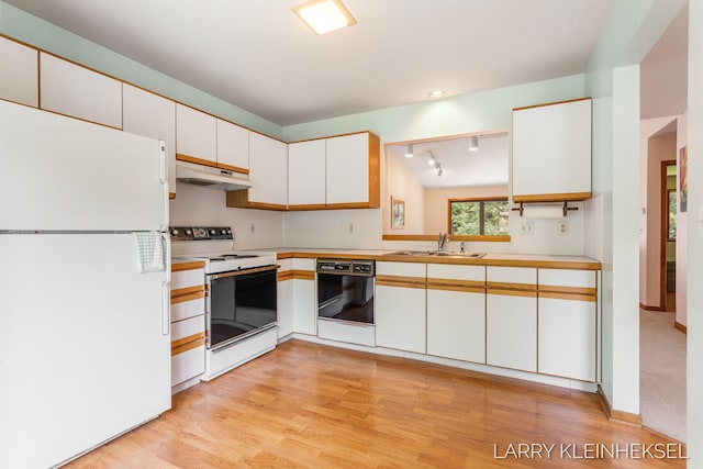 569 Appletree Dr, Holland, MI 49423 - kitchen with white appliances, a sink, under cabinet range hood, light wood finished floors, and light countertops