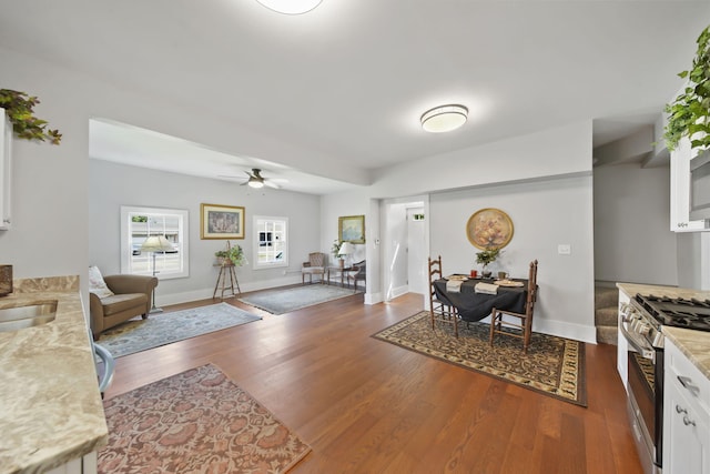 911 E Ganson St, Jackson, MI 49201 - dining room with a ceiling fan, dark wood-style floors, and baseboards
