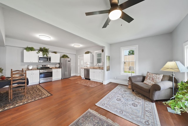 911 E Ganson St, Jackson, MI 49201 - living area with dark wood-style flooring, a ceiling fan, and baseboards