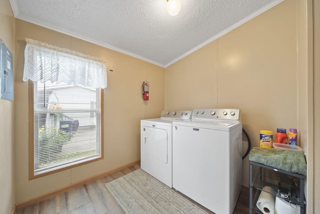 948 Savannah River Dr, Adrian, MI 49221 - laundry room with independent washer and dryer, light wood-type flooring, a textured ceiling, and ornamental molding