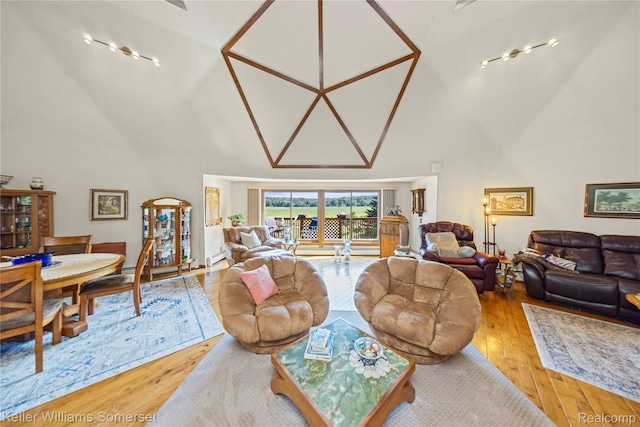 2637 E 7th Rd, Roscommon, MI 48653 - living room featuring rail lighting, high vaulted ceiling, and hardwood / wood-style floors