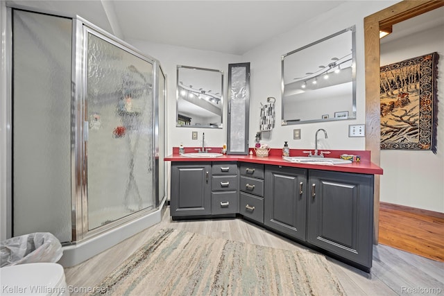 2637 E 7th Rd, Roscommon, MI 48653 - full bath featuring wood finished floors, double vanity, and a stall shower