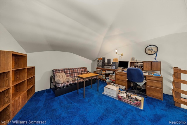 2637 E 7th Rd, Roscommon, MI 48653 - home office featuring carpet floors and vaulted ceiling