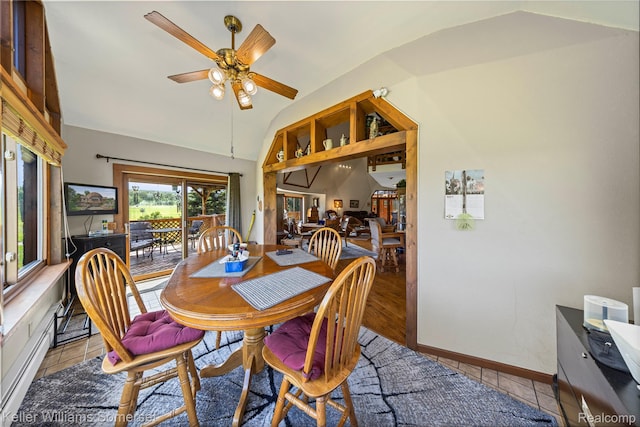 2637 E 7th Rd, Roscommon, MI 48653 - dining room with a ceiling fan, vaulted ceiling, and a baseboard radiator