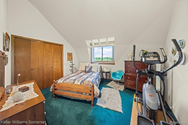 2637 E 7th Rd, Roscommon, MI 48653 - carpeted bedroom featuring vaulted ceiling and a closet