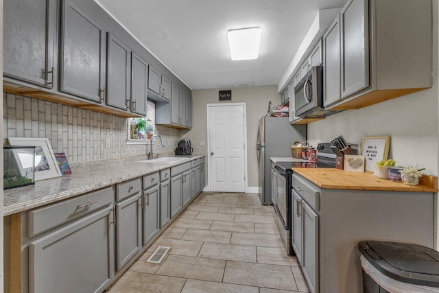 1026 Jennings Ave, Benton Harbor, MI 49022 - kitchen featuring range with electric cooktop, a sink, tasteful backsplash, gray cabinets, and stainless steel microwave