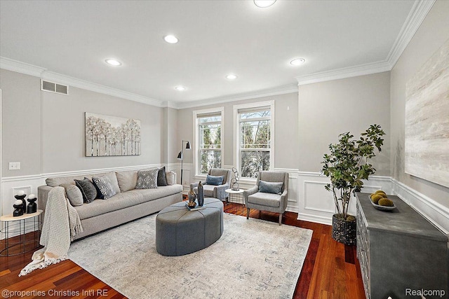 1419 Henrietta St, Birmingham, MI 48009 - living room featuring dark wood-style flooring, crown molding, recessed lighting, and a wainscoted wall