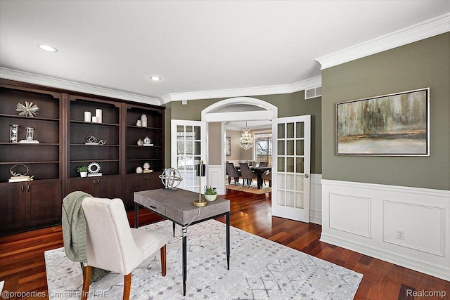 1419 Henrietta St, Birmingham, MI 48009 - office space with crown molding, arched walkways, wood finished floors, wainscoting, and recessed lighting