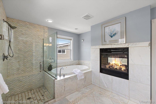 1419 Henrietta St, Birmingham, MI 48009 - bathroom with a bath, a shower stall, and a fireplace