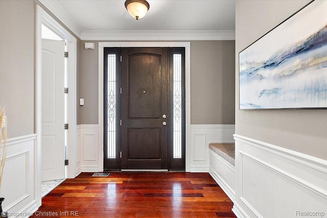 1419 Henrietta St, Birmingham, MI 48009 - foyer entrance with a decorative wall, dark wood-type flooring, a wainscoted wall, plenty of natural light, and ornamental molding