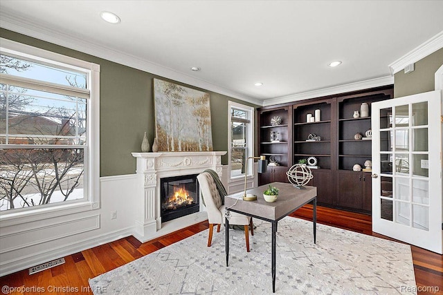 1419 Henrietta St, Birmingham, MI 48009 - office space featuring crown molding, a premium fireplace, wainscoting, wood finished floors, and recessed lighting