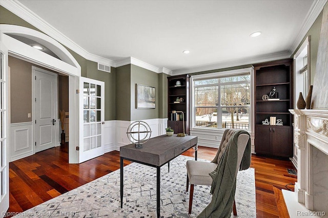 1419 Henrietta St, Birmingham, MI 48009 - home office featuring wood finished floors, french doors, a wainscoted wall, ornamental molding, and recessed lighting
