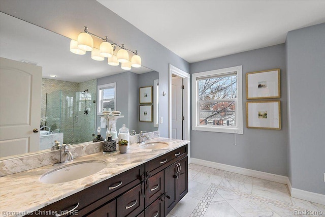 1419 Henrietta St, Birmingham, MI 48009 - bathroom with baseboards, a shower stall, double vanity, and marble look tile flooring