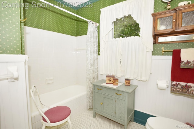 1719 Sycamore Ave, Royal Oak, MI 48073 - full bath with shower / bath combo with shower curtain, tile patterned flooring, wallpapered walls, and wainscoting