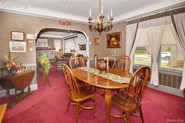 1719 Sycamore Ave, Royal Oak, MI 48073 - carpeted dining space with wallpapered walls, arched walkways, and a chandelier