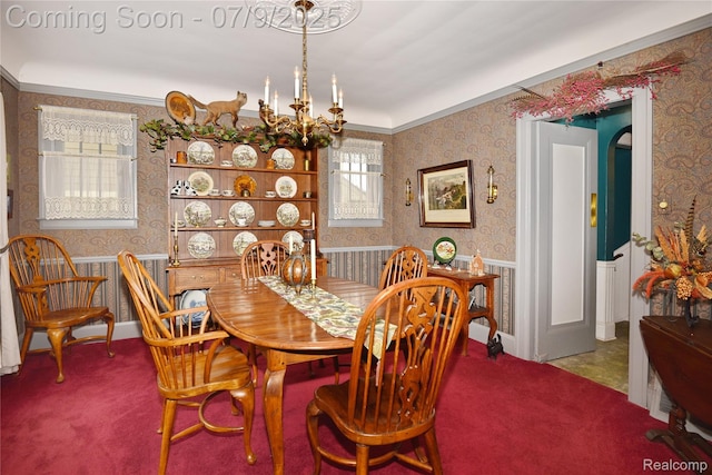 1719 Sycamore Ave, Royal Oak, MI 48073 - carpeted dining room featuring wallpapered walls, a wainscoted wall, and a chandelier