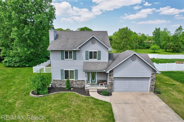 11468 Grand Oaks Dr, Clio, MI 48420 - view of front of house with stone siding, an attached garage, driveway, a chimney, and a shingled roof