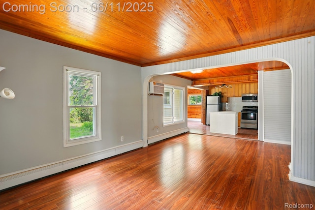 22521 Hoffman St, Saint Clair Shores, MI 48082 - unfurnished living room with arched walkways, wooden ceiling, a baseboard heating unit, wood-type flooring, and a wall mounted AC