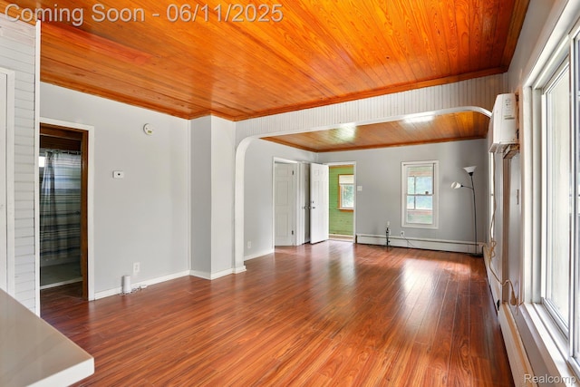 22521 Hoffman St, Saint Clair Shores, MI 48082 - empty room featuring arched walkways, a baseboard radiator, wood ceiling, wood finished floors, and baseboards