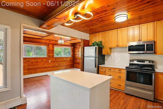 22521 Hoffman St, Saint Clair Shores, MI 48082 - kitchen with appliances with stainless steel finishes, wood ceiling with exposed beams, dark wood finished floors, wood walls, and light countertops