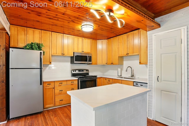 22521 Hoffman St, Saint Clair Shores, MI 48082 - kitchen with stainless steel appliances, wooden ceiling, a sink, tasteful backsplash, and light countertops