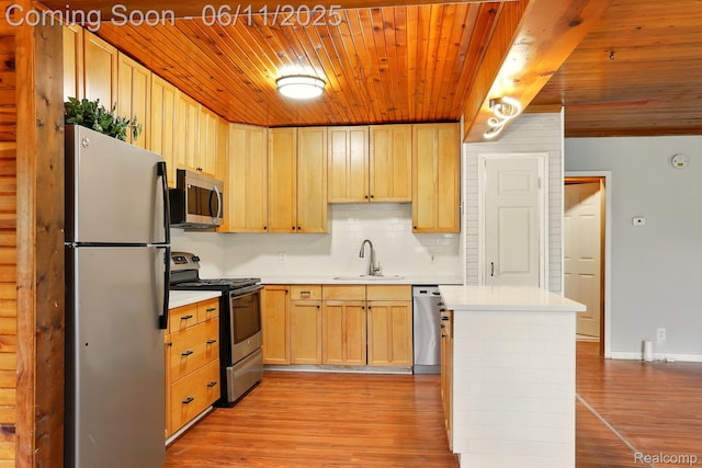 22521 Hoffman St, Saint Clair Shores, MI 48082 - kitchen featuring stainless steel appliances, wood ceiling, a sink, light countertops, and light wood-style floors