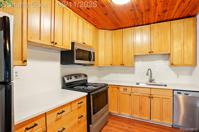 22521 Hoffman St, Saint Clair Shores, MI 48082 - kitchen with stainless steel appliances, a sink, backsplash, light countertops, and wooden ceiling