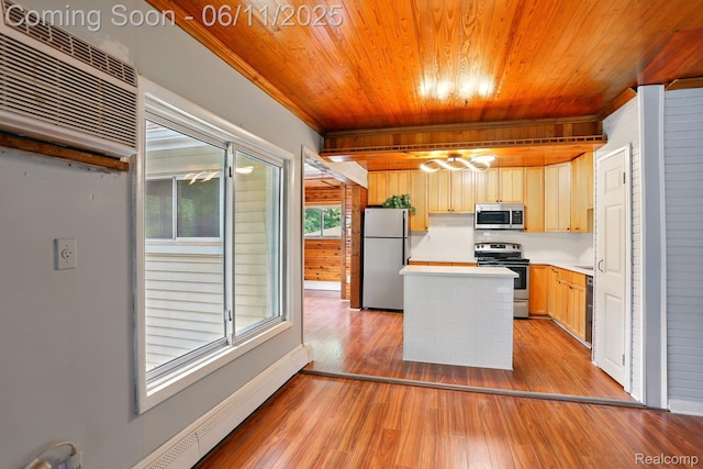 22521 Hoffman St, Saint Clair Shores, MI 48082 - kitchen featuring stainless steel appliances, wood ceiling, light countertops, light wood-style flooring, and a wall mounted AC