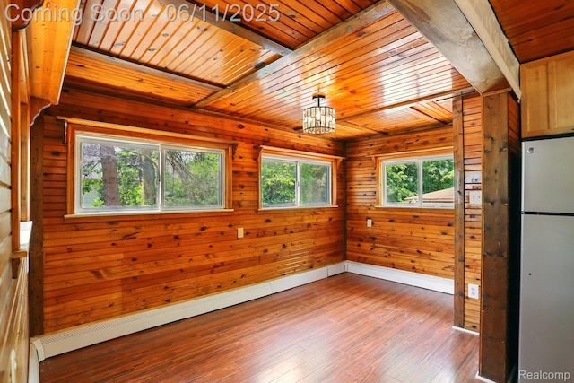 22521 Hoffman St, Saint Clair Shores, MI 48082 - spare room with wooden ceiling, wood finished floors, a chandelier, wood walls, and baseboards