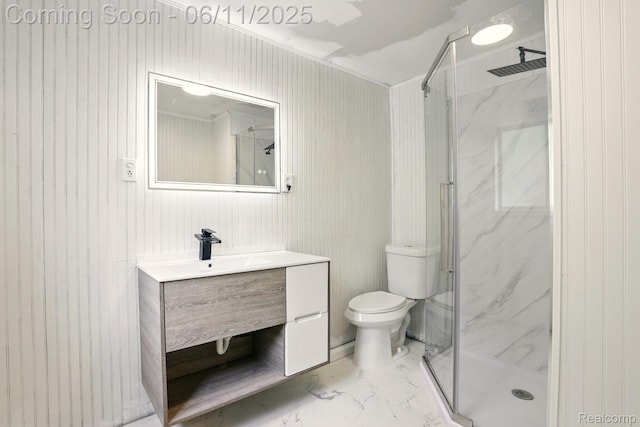 22521 Hoffman St, Saint Clair Shores, MI 48082 - bathroom with vanity, a marble finish shower, marble look tile flooring, and toilet
