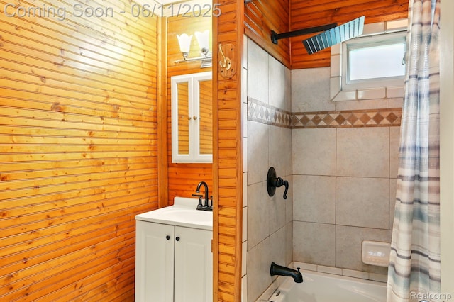 22521 Hoffman St, Saint Clair Shores, MI 48082 - full bathroom with shower / bath combo with shower curtain, vanity, and wooden walls