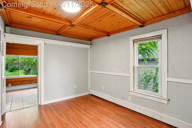 22521 Hoffman St, Saint Clair Shores, MI 48082 - spare room featuring a baseboard heating unit, wood ceiling with exposed beams, wood finished floors, and wainscoting