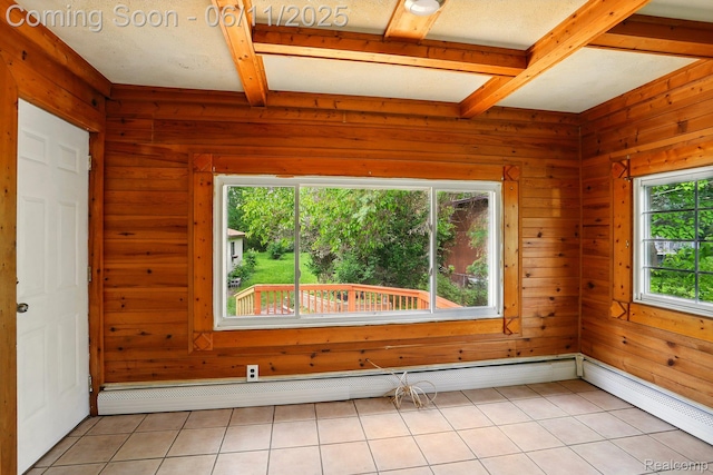 22521 Hoffman St, Saint Clair Shores, MI 48082 - unfurnished room featuring beam ceiling, wooden walls, baseboard heating, and light tile patterned floors