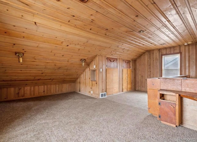 19611 Revere St, Detroit, MI 48234 - additional living space with vaulted ceiling, wooden ceiling, wooden walls, and carpet