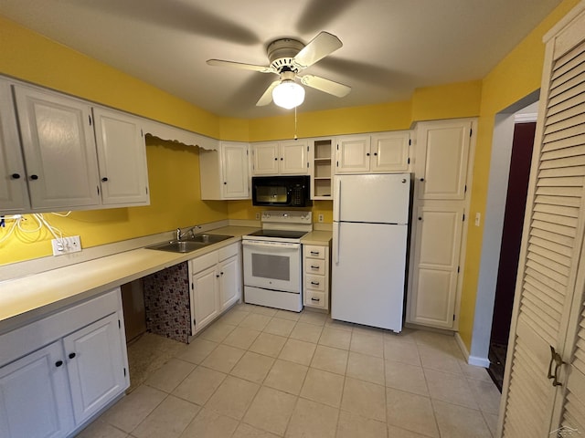 101 Provincial Ct, Saginaw, MI 48638 - kitchen featuring white appliances, a sink, ceiling fan, light tile patterned floors, and white cabinets