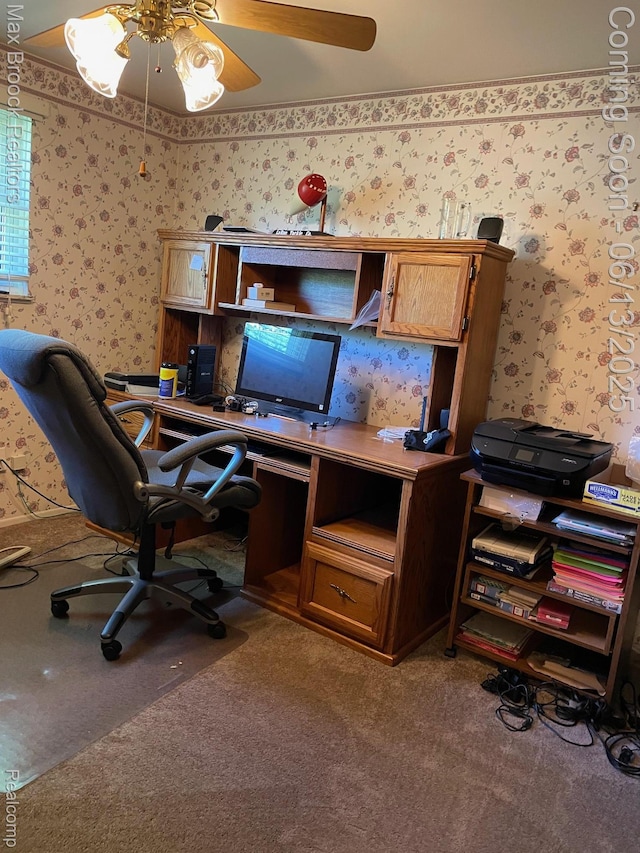 2669 Willard Dr, Troy, MI 48085 - office space with wallpapered walls, carpet, and a ceiling fan