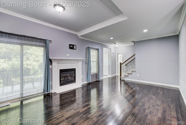 1724 Barrington Ct, Lake Orion, MI 48360 - unfurnished living room with healthy amount of natural light, stairs, wood finished floors, crown molding, and recessed lighting