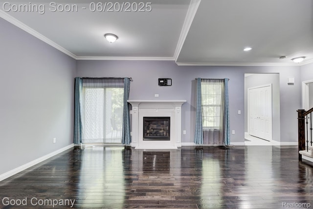 1724 Barrington Ct, Lake Orion, MI 48360 - unfurnished living room with stairs, hardwood / wood-style flooring, ornamental molding, and a glass covered fireplace