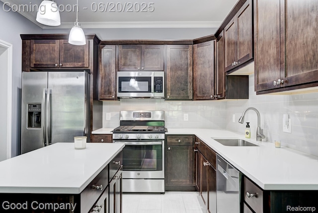 1724 Barrington Ct, Lake Orion, MI 48360 - kitchen featuring stainless steel appliances, dark brown cabinetry, ornamental molding, decorative backsplash, and light countertops