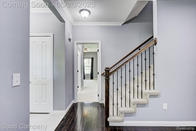 1724 Barrington Ct, Lake Orion, MI 48360 - entryway featuring ornamental molding, wood-type flooring, a ceiling fan, and stairway