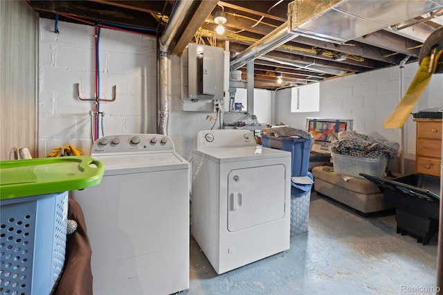 15 Forest St, River Rouge, MI 48218 - laundry area featuring washer and clothes dryer, electric panel, and concrete block wall