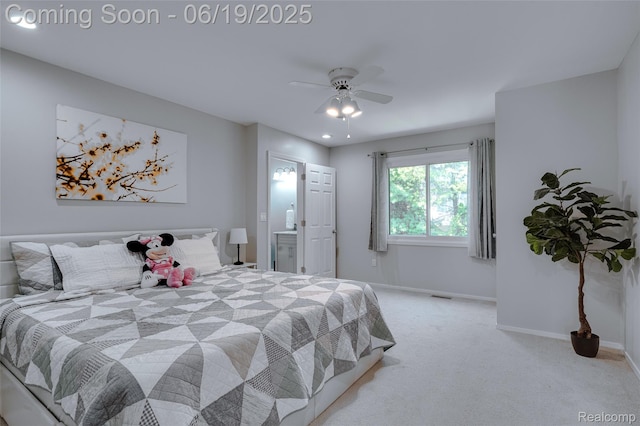 30753 Sunderland Dr, Farmington Hills, MI 48331 - bedroom featuring light colored carpet, a ceiling fan, and connected bathroom
