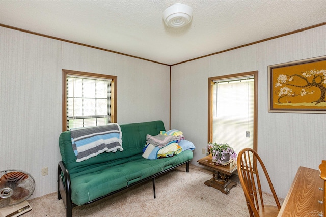 5665 N Sturgeon Rd, Midland, MI 48624 - living area with crown molding, carpet floors, and a textured ceiling